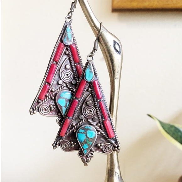 Vintage Jewelry - Silver Turquoise Coral Earrings